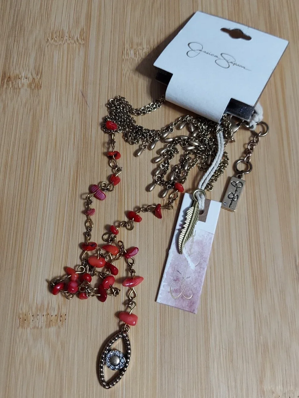 Jessica Simpson Antique Gold Tone/Multi-Strand Coral Stone Evil Eye Necklace